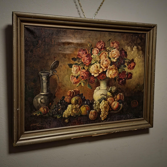 Large Antique Dutch Still Life Oil Painting, Signed Flemish Floral Fruit Artwork, Old Master Decor, Dark Academia Wall Art, Framed Vintage