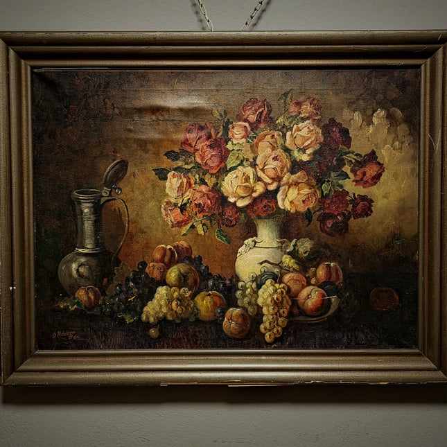 Large Antique Dutch Still Life Oil Painting, Signed Flemish Floral Fruit Artwork, Old Master Decor, Dark Academia Wall Art, Framed Vintage