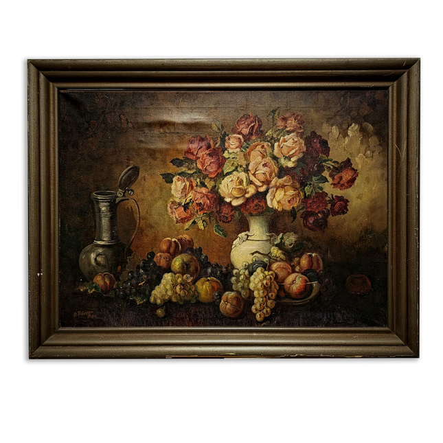 Large Antique Dutch Still Life Oil Painting, Signed Flemish Floral Fruit Artwork, Old Master Decor, Dark Academia Wall Art, Framed Vintage