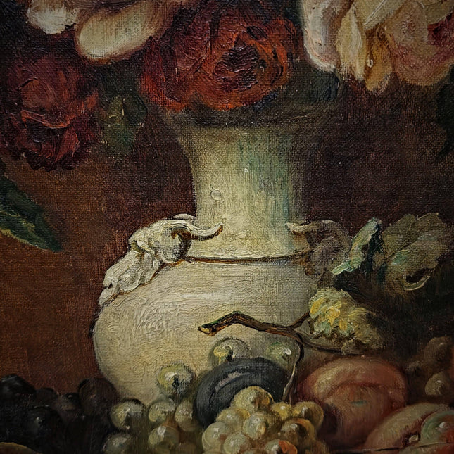 Large Antique Dutch Still Life Oil Painting, Signed Flemish Floral Fruit Artwork, Old Master Decor, Dark Academia Wall Art, Framed Vintage