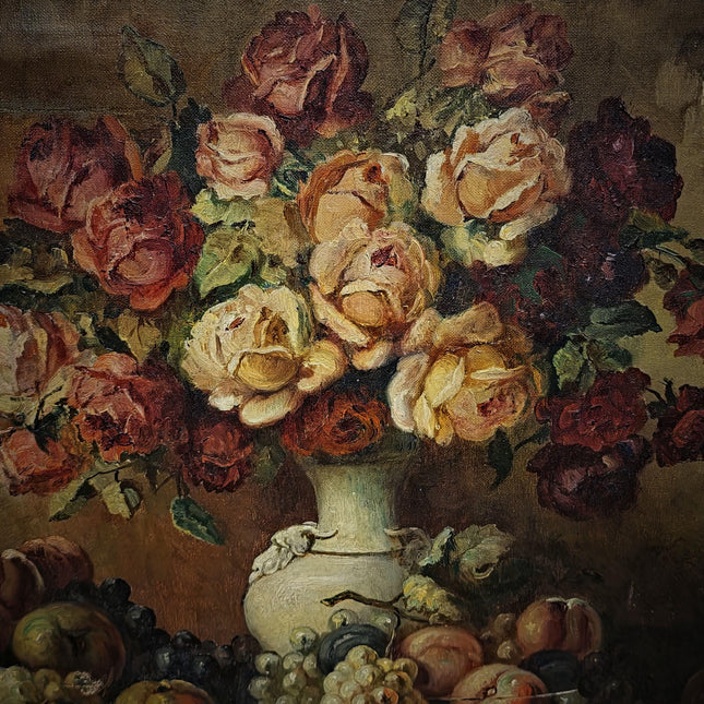 Large Antique Dutch Still Life Oil Painting, Signed Flemish Floral Fruit Artwork, Old Master Decor, Dark Academia Wall Art, Framed Vintage