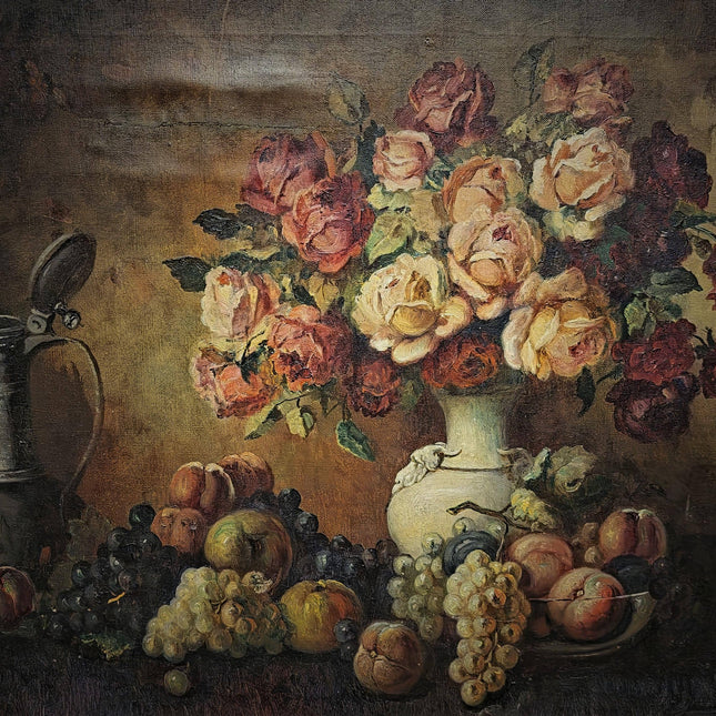Large Antique Dutch Still Life Oil Painting, Signed Flemish Floral Fruit Artwork, Old Master Decor, Dark Academia Wall Art, Framed Vintage