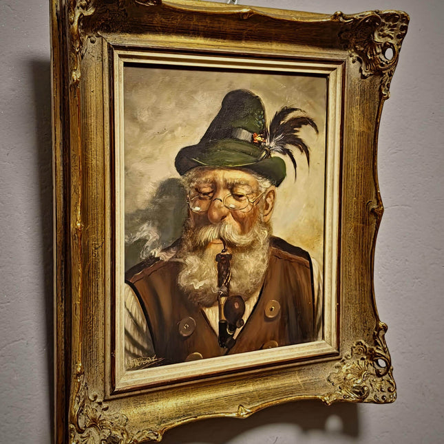 Vintage German Character Portrait Oil Painting, Old Man With Pipe, Bavarian Folk Artwork, Rustic Wall Decor, Man Cave Decor