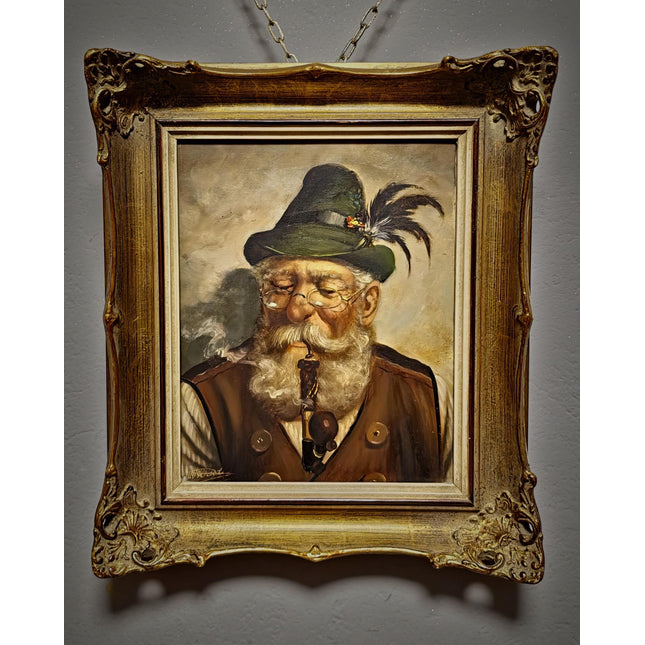 Vintage German Character Portrait Oil Painting, Old Man With Pipe, Bavarian Folk Artwork, Rustic Wall Decor, Man Cave Decor