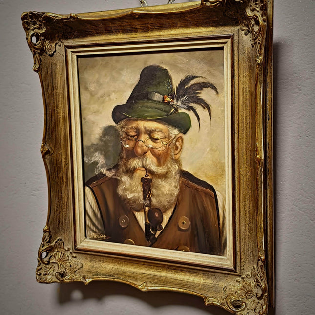 Vintage German Character Portrait Oil Painting, Old Man With Pipe, Bavarian Folk Artwork, Rustic Wall Decor, Man Cave Decor
