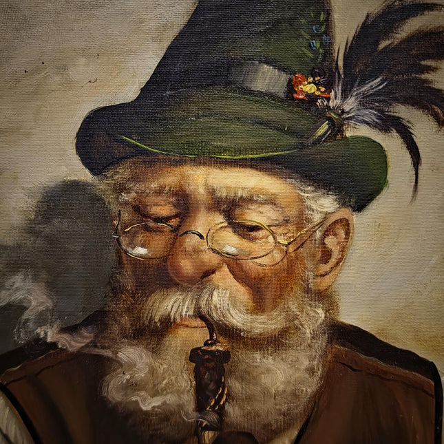 Vintage German Character Portrait Oil Painting, Old Man With Pipe, Bavarian Folk Artwork, Rustic Wall Decor, Man Cave Decor