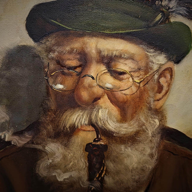 Vintage German Character Portrait Oil Painting, Old Man With Pipe, Bavarian Folk Artwork, Rustic Wall Decor, Man Cave Decor
