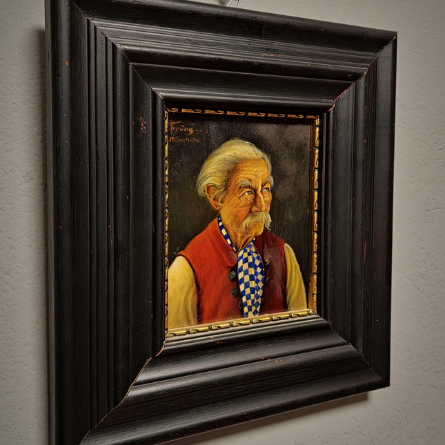 Antique Bavarian Portrait Oil Painting, Signed Folk Artwork, German Gentleman, Rustic Wall Decor, Man Cave Interior, Framed Character Art