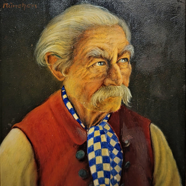 Antique Bavarian Portrait Oil Painting, Signed Folk Artwork, German Gentleman, Rustic Wall Decor, Man Cave Interior, Framed Character Art