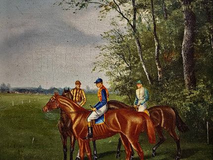 Antique French Horse Racing Oil Painting, 19th century Equestrian Artwork, Jockey Scene, Country House Decor, Gold Frame, Sporting Wall Art