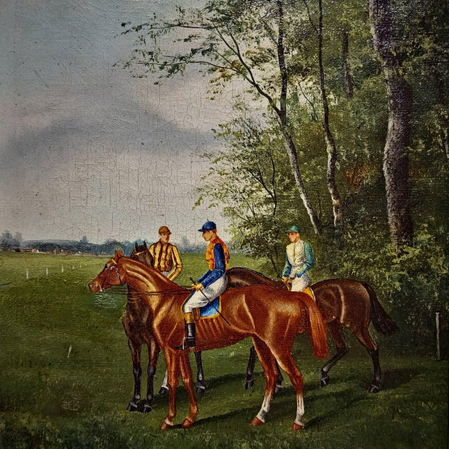 Antique French Horse Racing Oil Painting, 19th century Equestrian Artwork, Jockey Scene, Country House Decor, Gold Frame, Sporting Wall Art