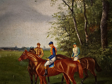 Antique French Horse Racing Oil Painting, 19th century Equestrian Artwork, Jockey Scene, Country House Decor, Gold Frame, Sporting Wall Art