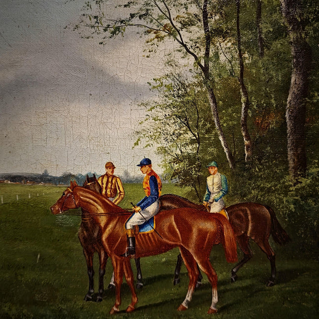 Antique French Horse Racing Oil Painting, 19th century Equestrian Artwork, Jockey Scene, Country House Decor, Gold Frame, Sporting Wall Art