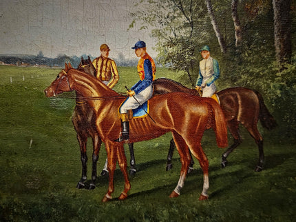 Antique French Horse Racing Oil Painting, 19th century Equestrian Artwork, Jockey Scene, Country House Decor, Gold Frame, Sporting Wall Art