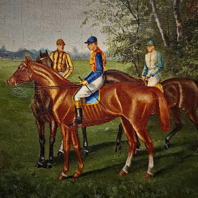 Antique French Horse Racing Oil Painting, 19th century Equestrian Artwork, Jockey Scene, Country House Decor, Gold Frame, Sporting Wall Art