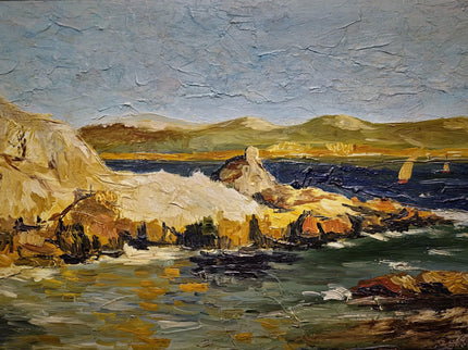 Antique French Coastal Landscape Oil Painting, Mediterranean Seascape, Provence Artwork, Impasto Marine, Seaside Wall Decor, Ocean View