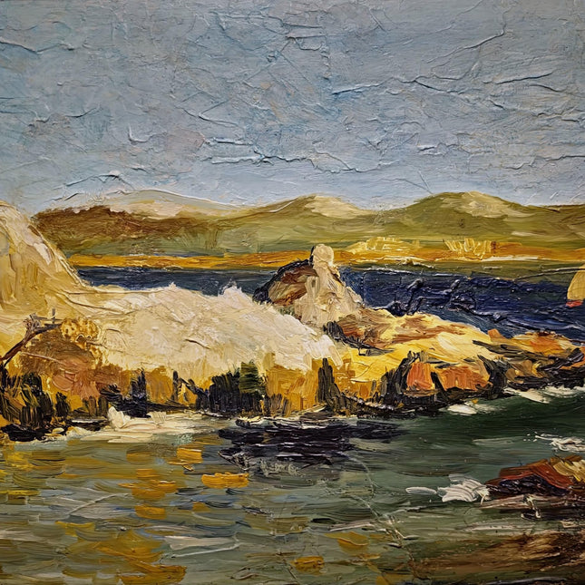 Antique French Coastal Landscape Oil Painting, Mediterranean Seascape, Provence Artwork, Impasto Marine, Seaside Wall Decor, Ocean View