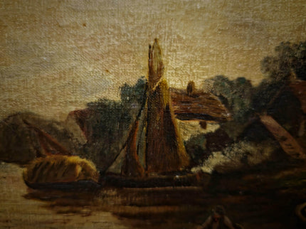 Antique Dutch Canal Oil Painting, Flemish Landscape, Signed River Scene Artwork, Original European Fine Art, Gold Framed Nautical Wall Decor
