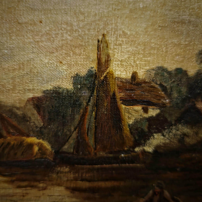 Antique Dutch Canal Oil Painting, Flemish Landscape, Signed River Scene Artwork, Original European Fine Art, Gold Framed Nautical Wall Decor
