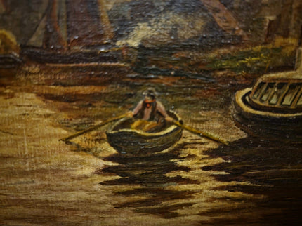 Antique Dutch Canal Oil Painting, Flemish Landscape, Signed River Scene Artwork, Original European Fine Art, Gold Framed Nautical Wall Decor