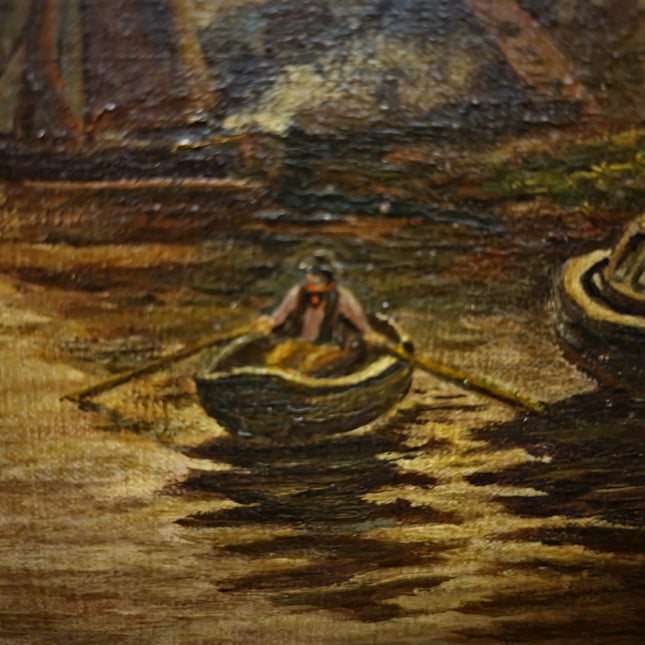 Antique Dutch Canal Oil Painting, Flemish Landscape, Signed River Scene Artwork, Original European Fine Art, Gold Framed Nautical Wall Decor