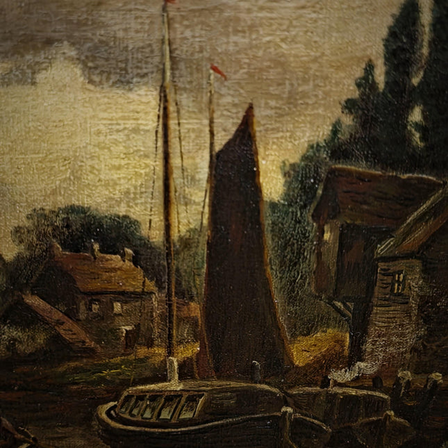 Antique Dutch Canal Oil Painting, Flemish Landscape, Signed River Scene Artwork, Original European Fine Art, Gold Framed Nautical Wall Decor