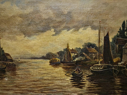 Antique Dutch Canal Oil Painting, Flemish Landscape, Signed River Scene Artwork, Original European Fine Art, Gold Framed Nautical Wall Decor