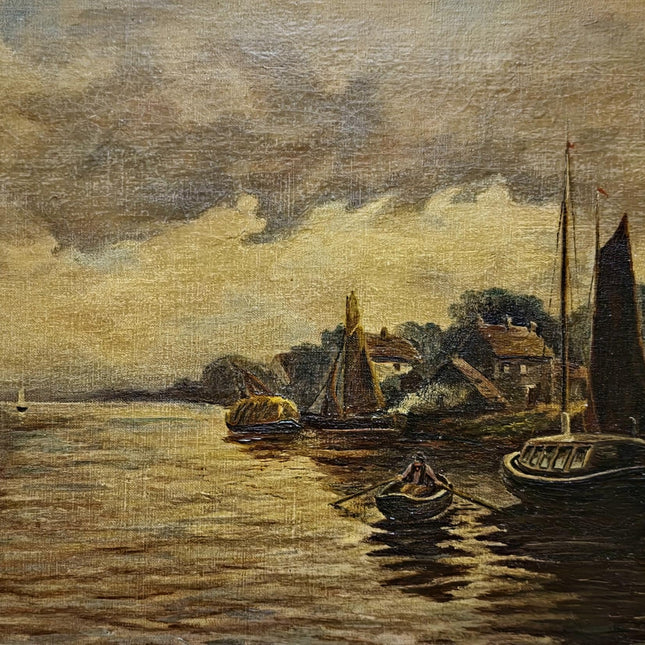 Antique Dutch Canal Oil Painting, Flemish Landscape, Signed River Scene Artwork, Original European Fine Art, Gold Framed Nautical Wall Decor