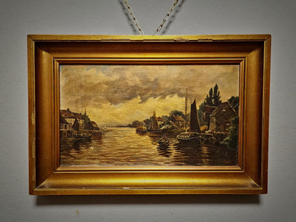 Antique Dutch Canal Oil Painting, Flemish Landscape, Signed River Scene Artwork, Original European Fine Art, Gold Framed Nautical Wall Decor