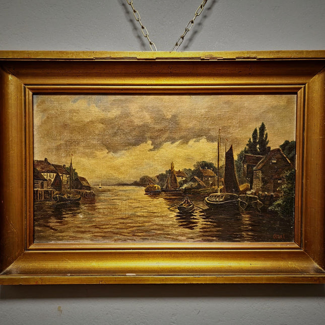 Antique Dutch Canal Oil Painting, Flemish Landscape, Signed River Scene Artwork, Original European Fine Art, Gold Framed Nautical Wall Decor