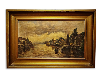 Antique Dutch Canal Oil Painting, Flemish Landscape, Signed River Scene Artwork, Original European Fine Art, Gold Framed Nautical Wall Decor