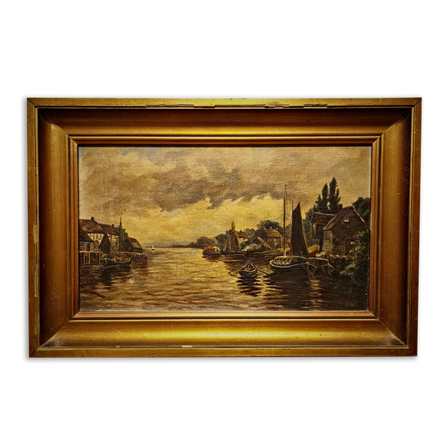 Antique Dutch Canal Oil Painting, Flemish Landscape, Signed River Scene Artwork, Original European Fine Art, Gold Framed Nautical Wall Decor