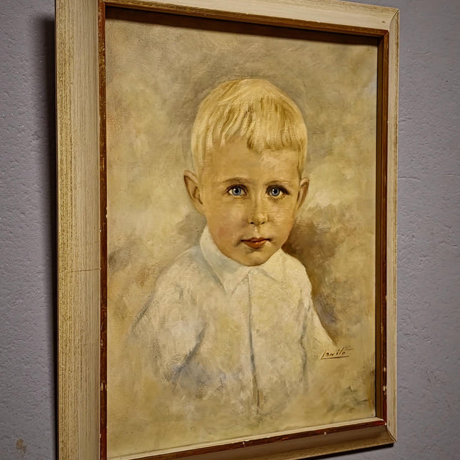 Antique German Child Portrait Oil Painting, Original Boy Artwork, Signed Framed Canvas, Vintage Sentimental Art, Nursery Wall Decor