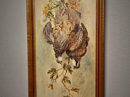 Antique French Hunting Still Life Oil Painting, Signed Game Birds Artwork, Framed Original European Fine Art, Rustic Farmhouse Trophy Decor
