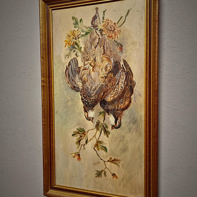 Antique French Hunting Still Life Oil Painting, Signed Game Birds Artwork, Framed Original European Fine Art, Rustic Farmhouse Trophy Decor
