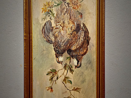 Antique French Hunting Still Life Oil Painting, Signed Game Birds Artwork, Framed Original European Fine Art, Rustic Farmhouse Trophy Decor