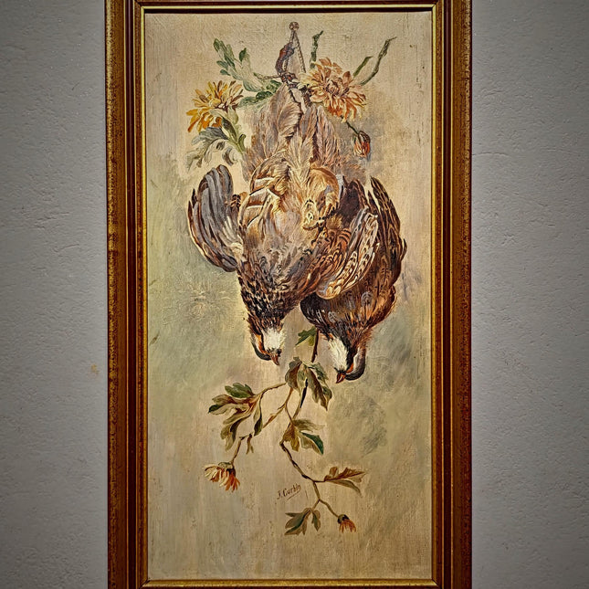 Antique French Hunting Still Life Oil Painting, Signed Game Birds Artwork, Framed Original European Fine Art, Rustic Farmhouse Trophy Decor