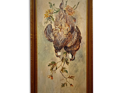 Antique French Hunting Still Life Oil Painting, Signed Game Birds Artwork, Framed Original European Fine Art, Rustic Farmhouse Trophy Decor