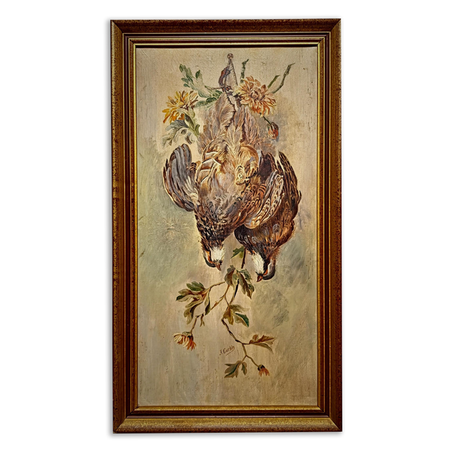 Antique French Hunting Still Life Oil Painting, Signed Game Birds Artwork, Framed Original European Fine Art, Rustic Farmhouse Trophy Decor