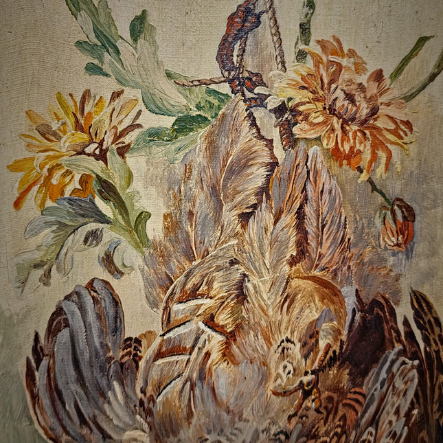 Antique French Hunting Still Life Oil Painting, Signed Game Birds Artwork, Framed Original European Fine Art, Rustic Farmhouse Trophy Decor