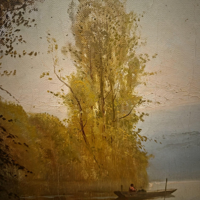 Antique French River Landscape Oil Painting, Signed Boat Scene Artwork, Original 19th Century European Fine Art, Ornate Gold Framed Canvas