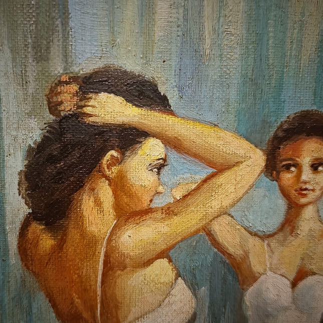 Vintage French Ballerina Oil Painting, Ballet Scene Artwork, Original Framed Canvas, Dancer Wall Art, Dressing Room Decor, Feminine Interior