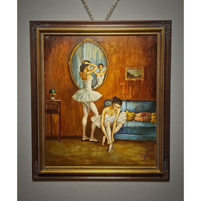 Vintage French Ballerina Oil Painting, Ballet Scene Artwork, Original Framed Canvas, Dancer Wall Art, Dressing Room Decor, Feminine Interior