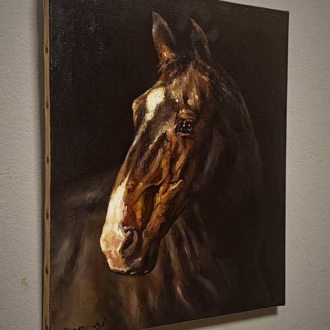 Vintage Italian Horse Portrait Oil Painting, Signed Equestrian Artwork, Equine Wall Art, Masculine Office Decor, Farmhouse Stable Gift