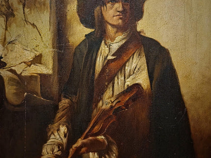 Large Antique Violin Player Oil Painting, Old Master Style Musician Artwork, Dark Academia Wall Art, Baroque Portrait, Framed Gothic Decor
