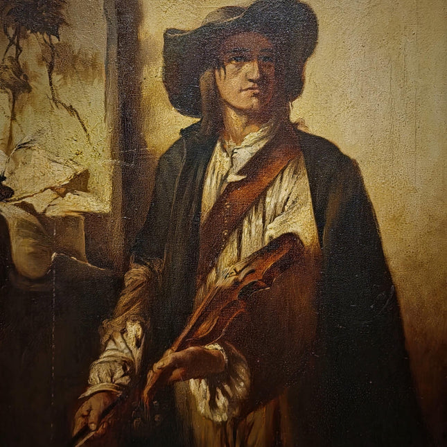 Large Antique Violin Player Oil Painting, Old Master Style Musician Artwork, Dark Academia Wall Art, Baroque Portrait, Framed Gothic Decor