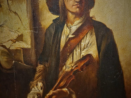 Large Antique Violin Player Oil Painting, Old Master Style Musician Artwork, Dark Academia Wall Art, Baroque Portrait, Framed Gothic Decor