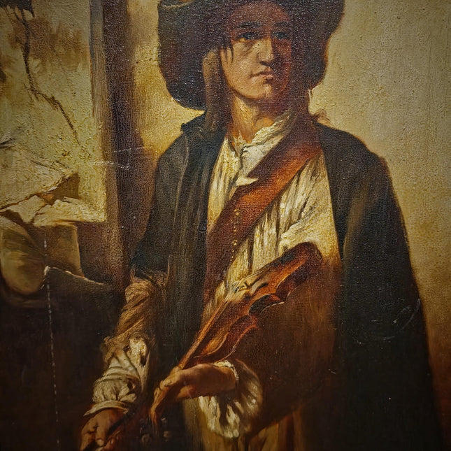 Large Antique Violin Player Oil Painting, Old Master Style Musician Artwork, Dark Academia Wall Art, Baroque Portrait, Framed Gothic Decor