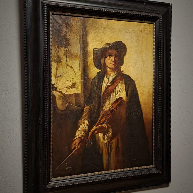 Large Antique Violin Player Oil Painting, Old Master Style Musician Artwork, Dark Academia Wall Art, Baroque Portrait, Framed Gothic Decor