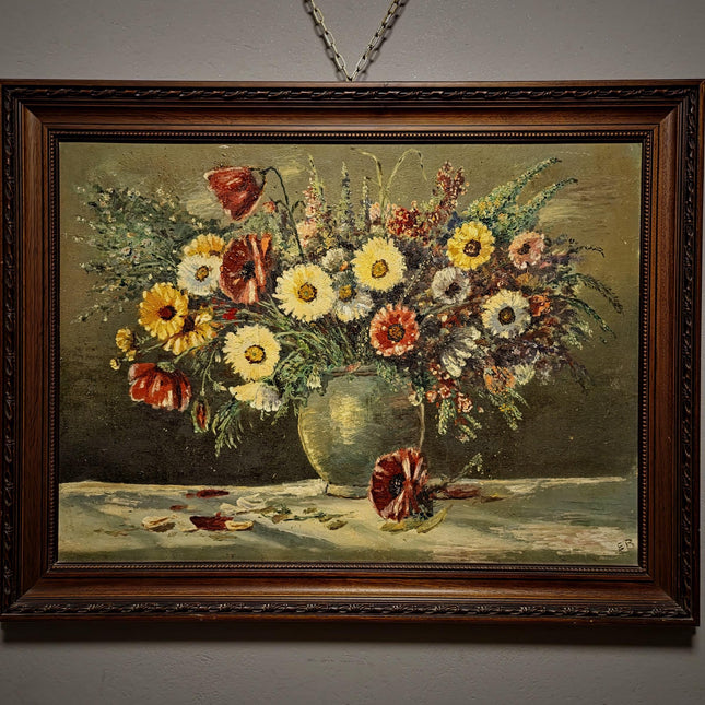 Large Wildflower Still Life Oil Painting, Vintage Meadow Bouquet Artwork, Cottagecore Wall Art, Rustic Floral Decor, Framed Garden Art